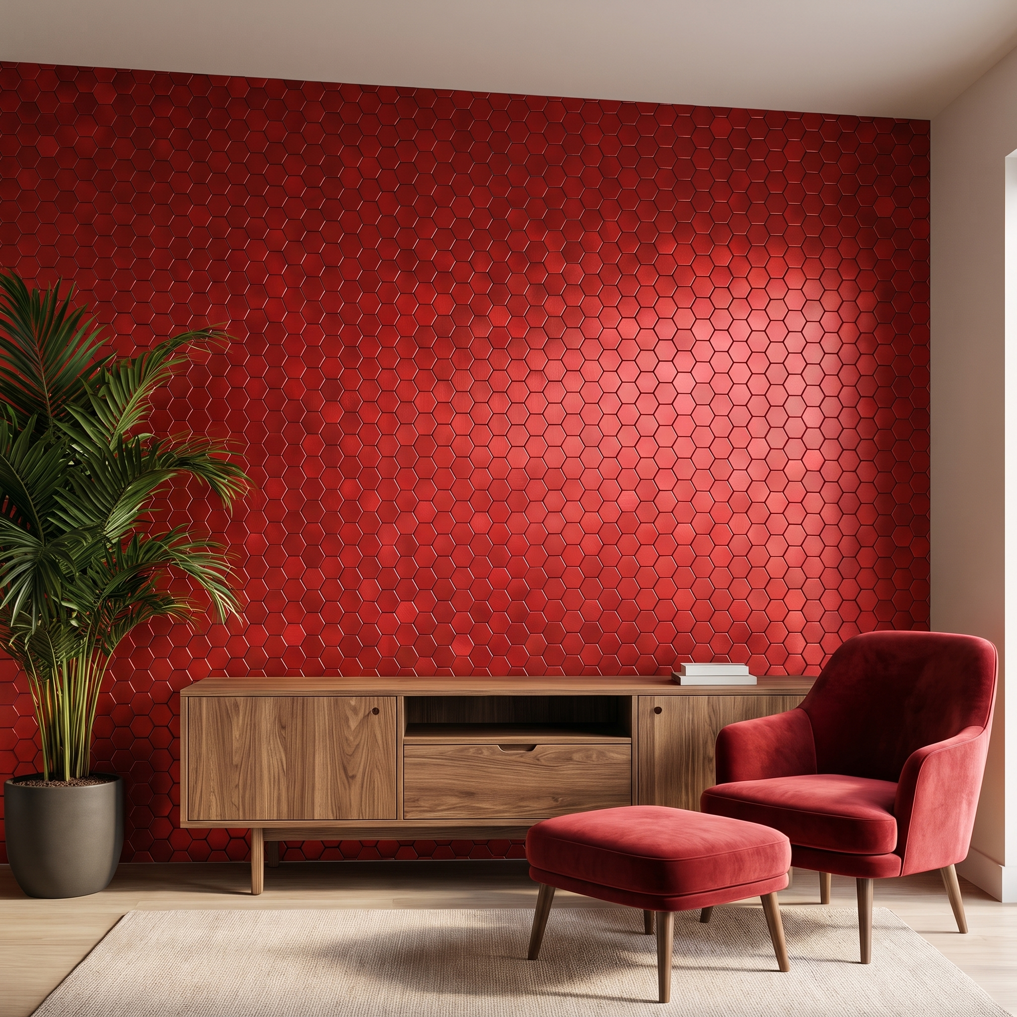 Red hexagon peel and stick metal mosaic on a living room feature wall