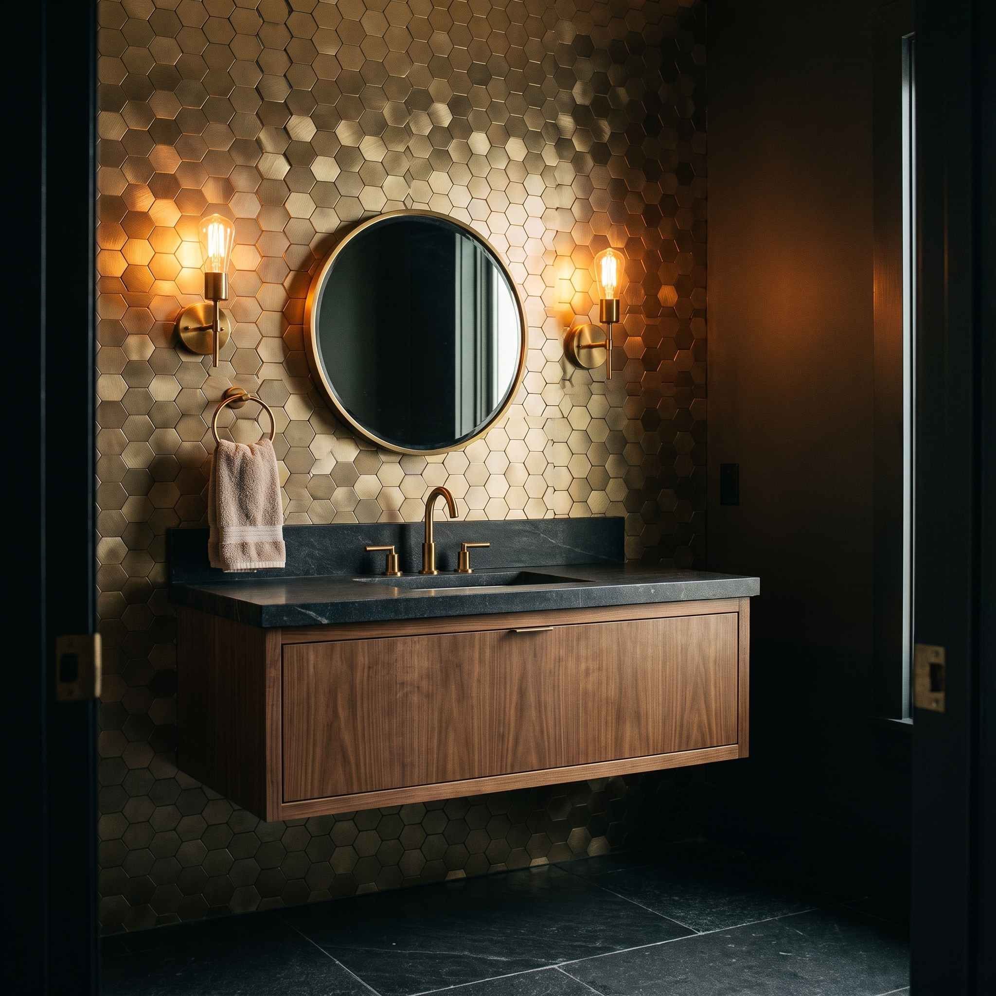 Gold hexagon peel and stick metal mosaic powder room wall