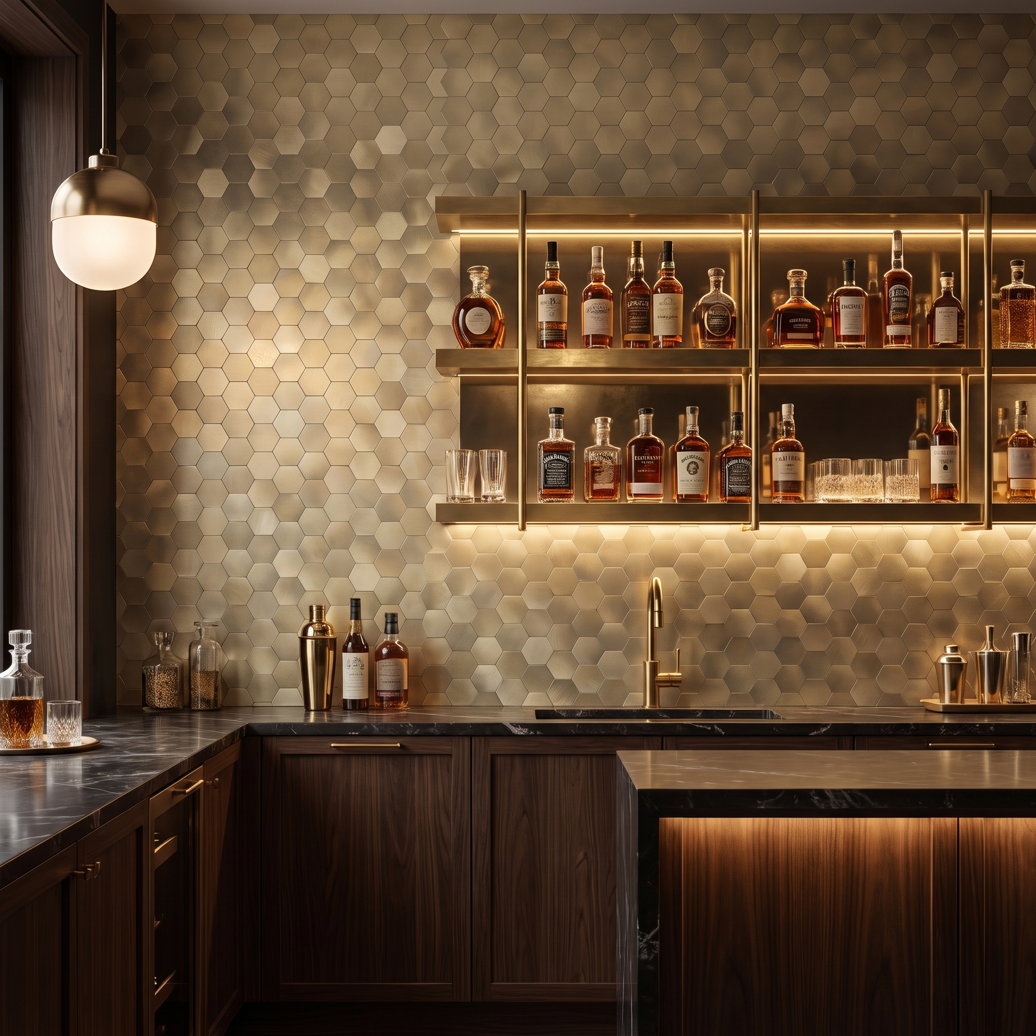 Gold hexagon peel and stick metal mosaic home bar wall