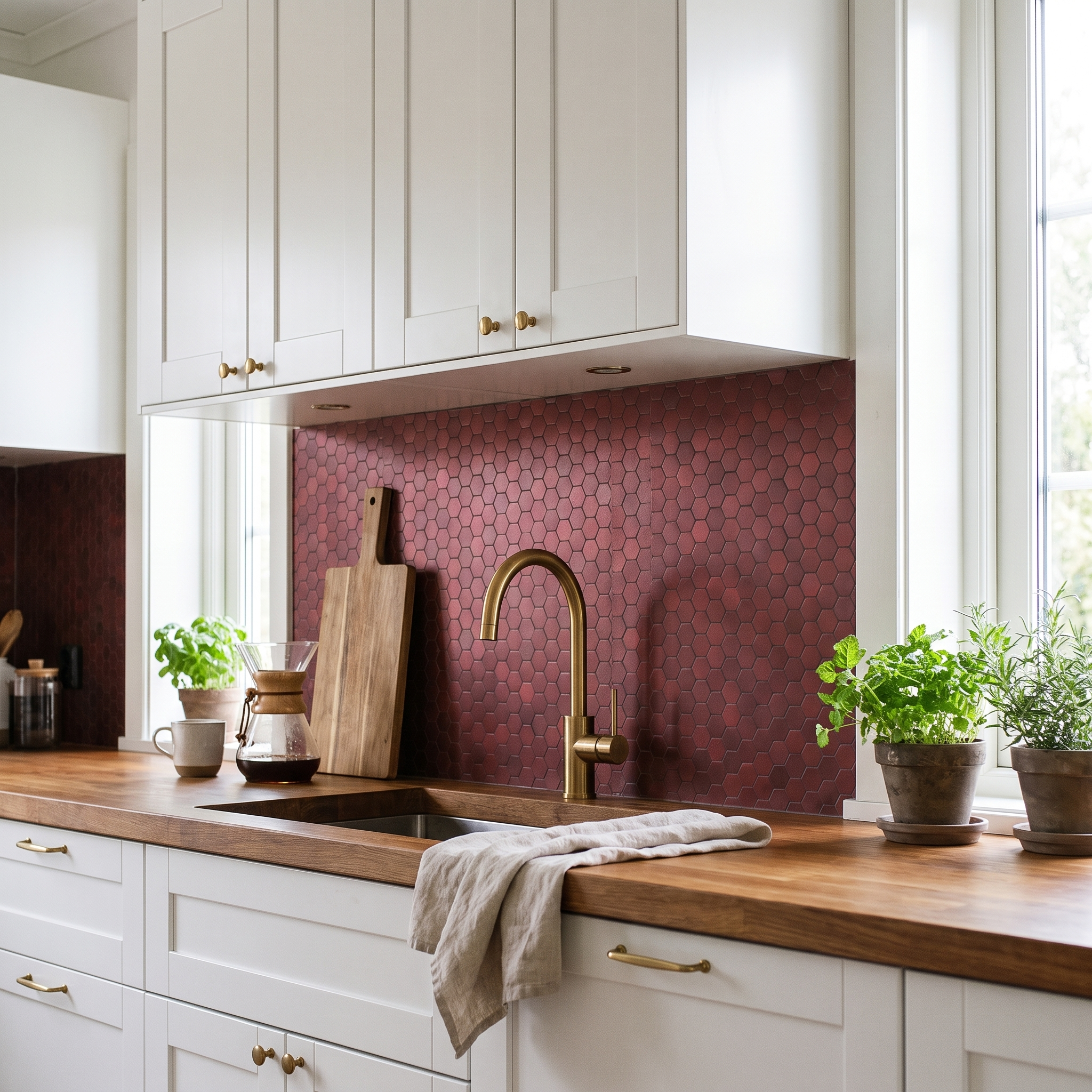 Burgundy hexagon peel and stick metal mosaic kitchen backsplash