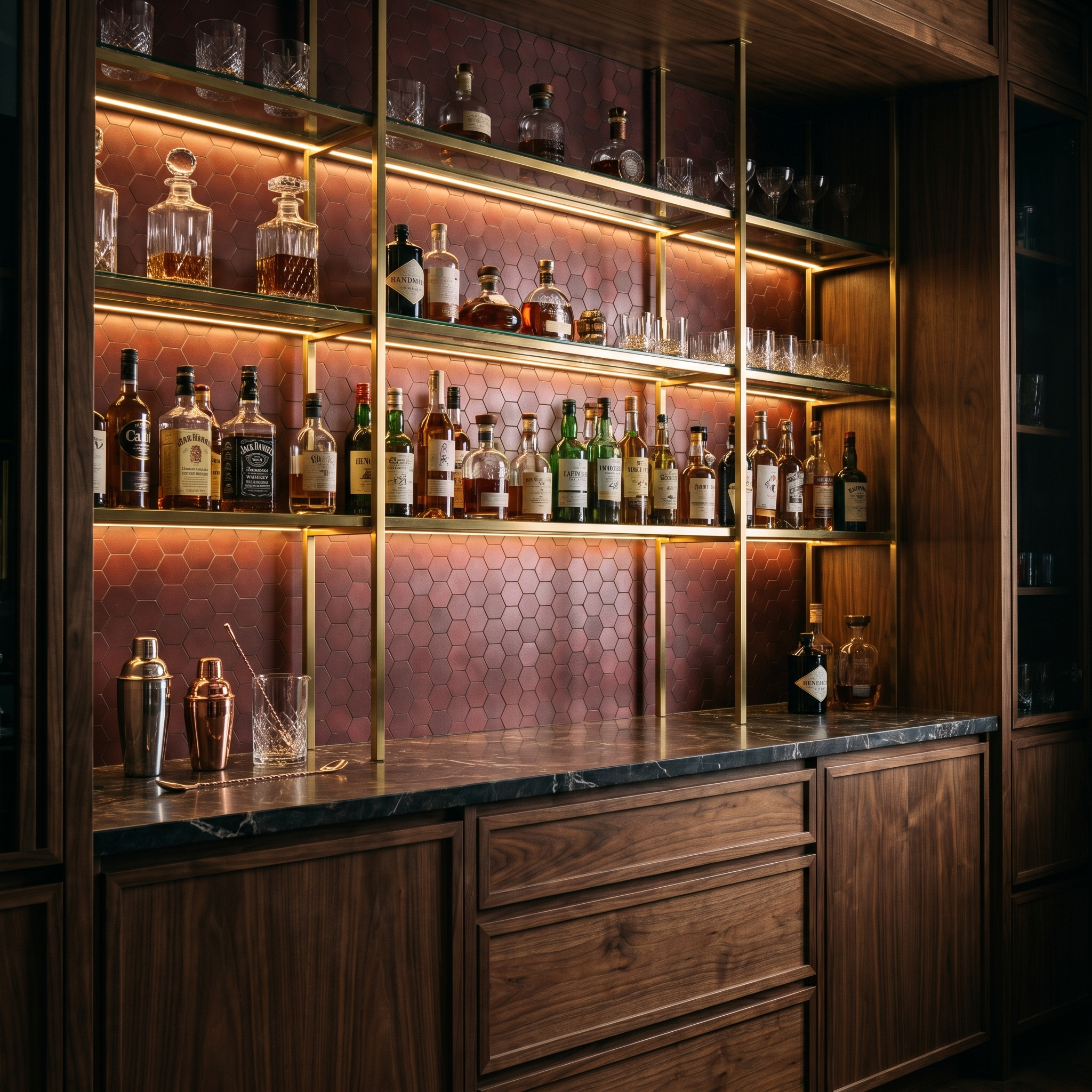 Burgundy hexagon peel and stick metal mosaic home bar wall
