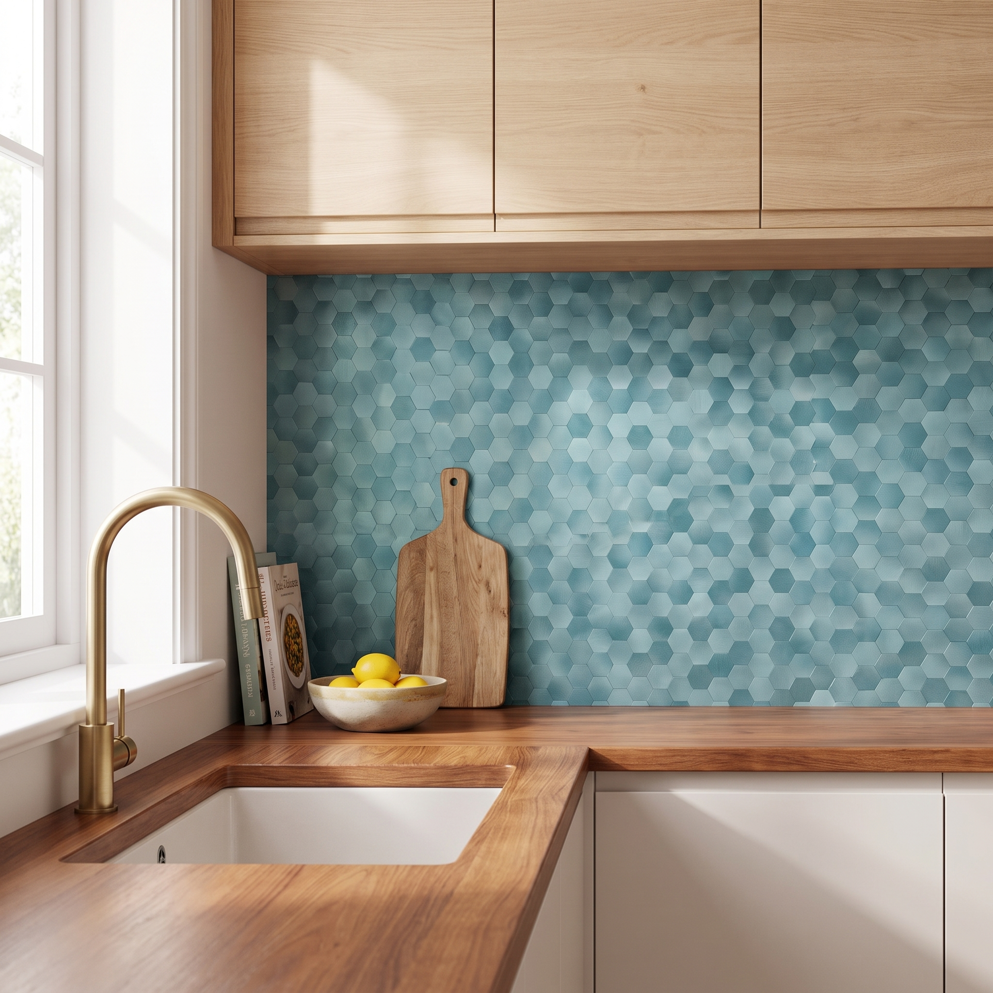 Blue hexagon peel and stick metal mosaic kitchen backsplash