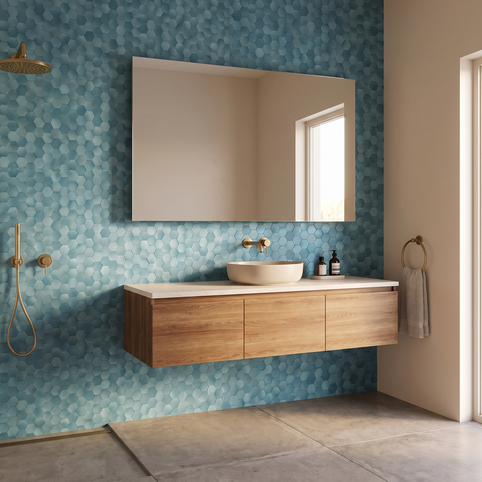 Blue hexagon peel and stick metal mosaic bathroom wall