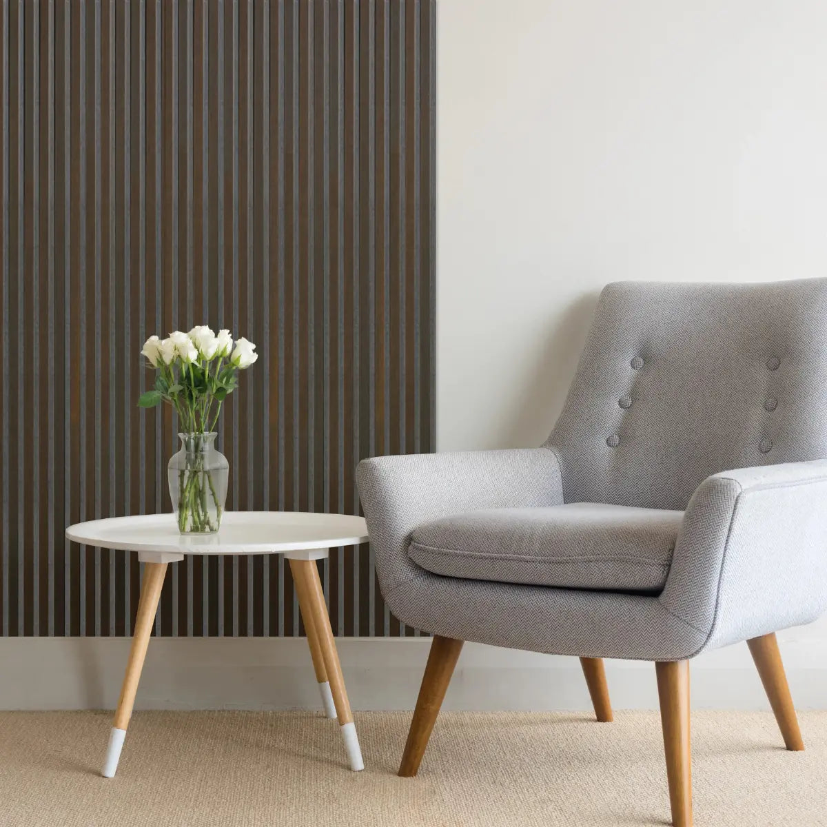 Acoustic Slat Wall Panel | Smoked Oak with Gray Felt | Premium 3-sided Wood Veneer