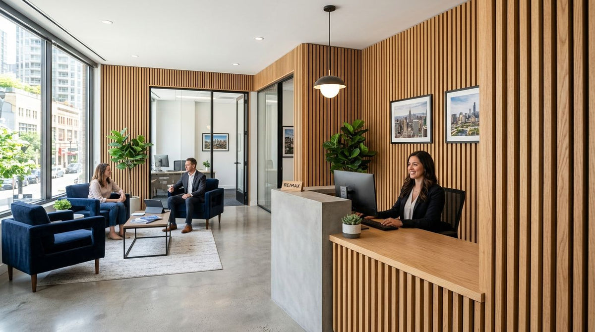Wood slat panels for real estate brokerage office interiors