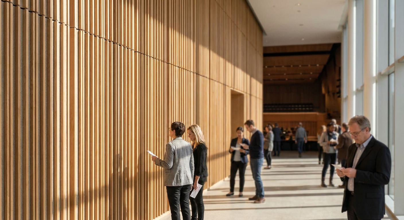 Wood slat panels for concert hall foyer walls
