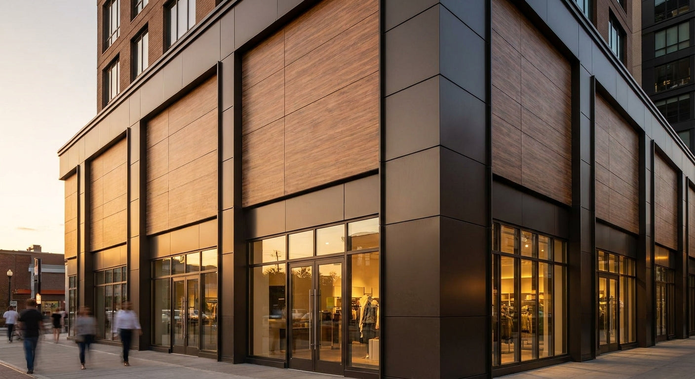 Exterior facade panels for commercial retail building fronts