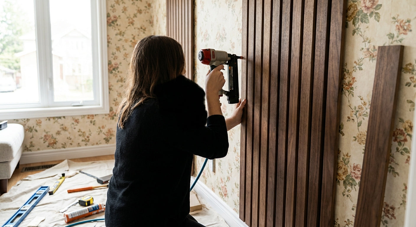 How to install wood slat panels over existing wallpaper