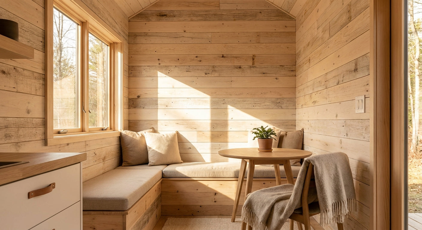 Wood panels for tiny house interior wall cladding