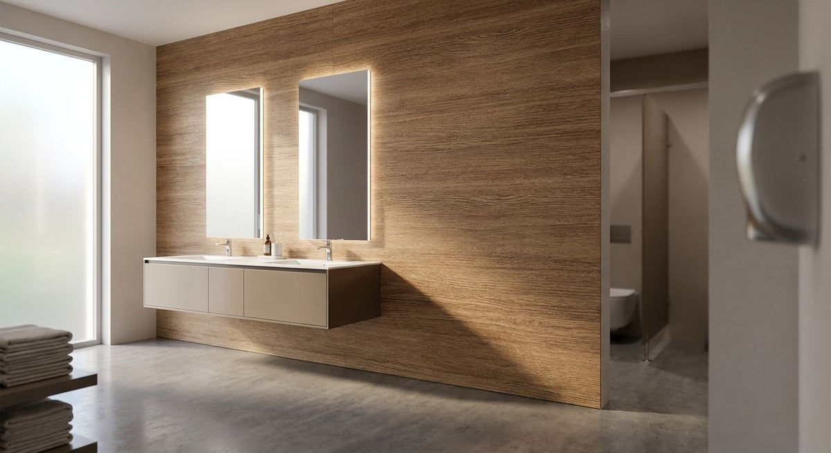 Laminate wood wall panels for commercial restroom upgrades