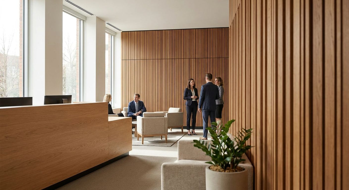 Wood panels for insurance agency office interiors