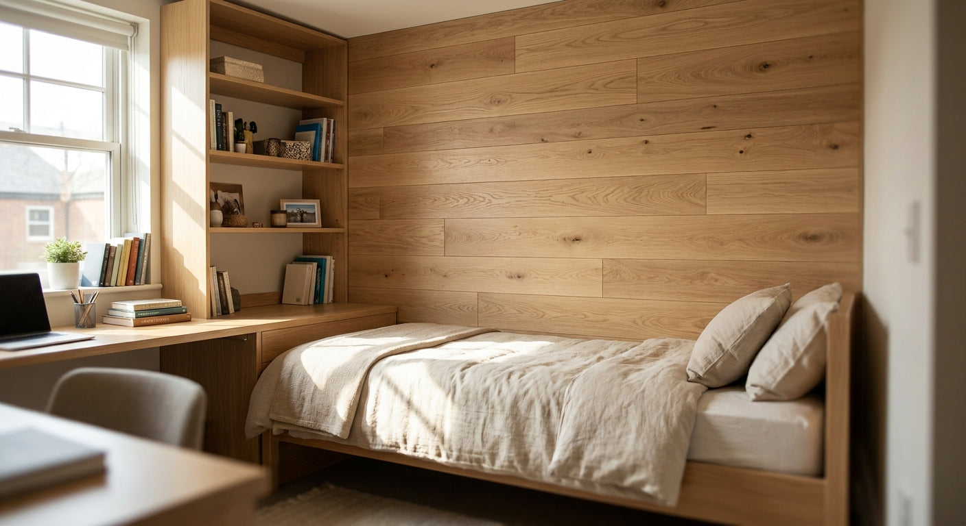 Wood wall panels for university dorm room interiors