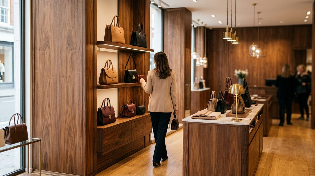 Wood panels for luxury handbag and leather goods boutique interiors