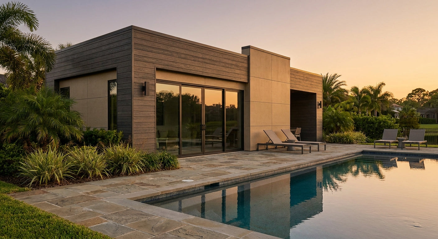 Exterior wall panels for pool house and cabana cladding
