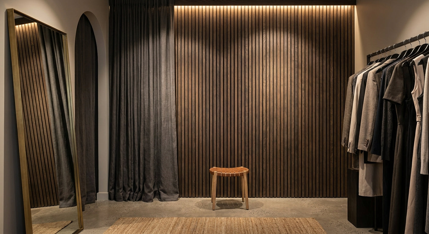 Smoked oak slat panels for retail boutique fitting rooms