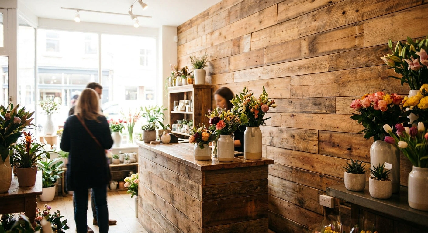 Wood panels for boutique flower shop and florist interiors