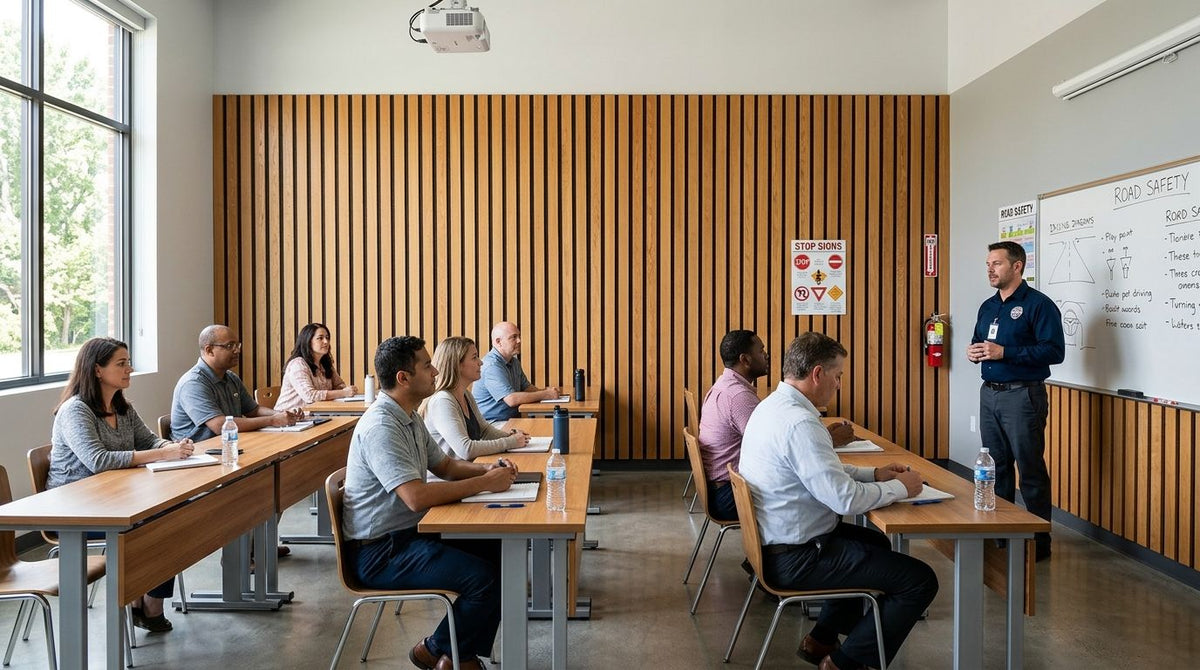 Wood slat panels for driving school classroom walls