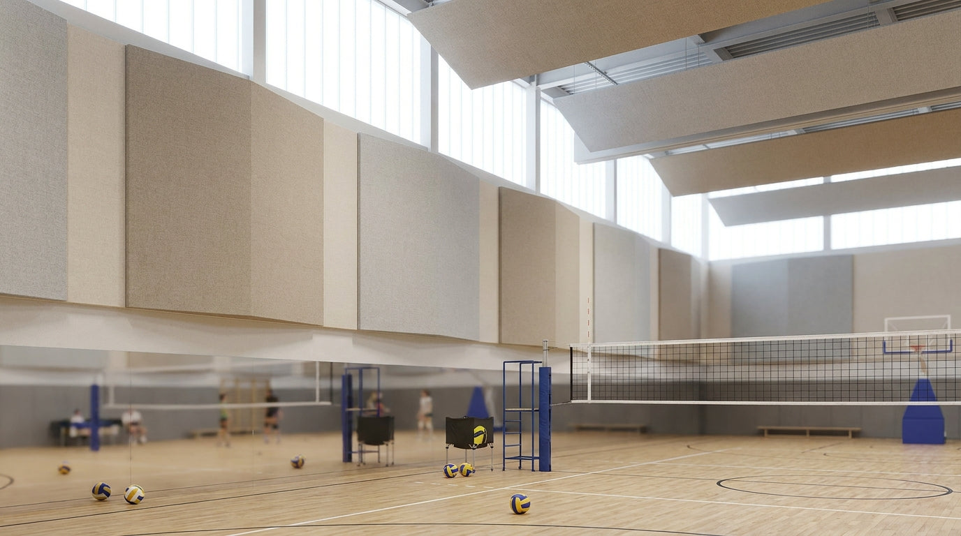 Acoustic panels for indoor volleyball and multipurpose sports courts