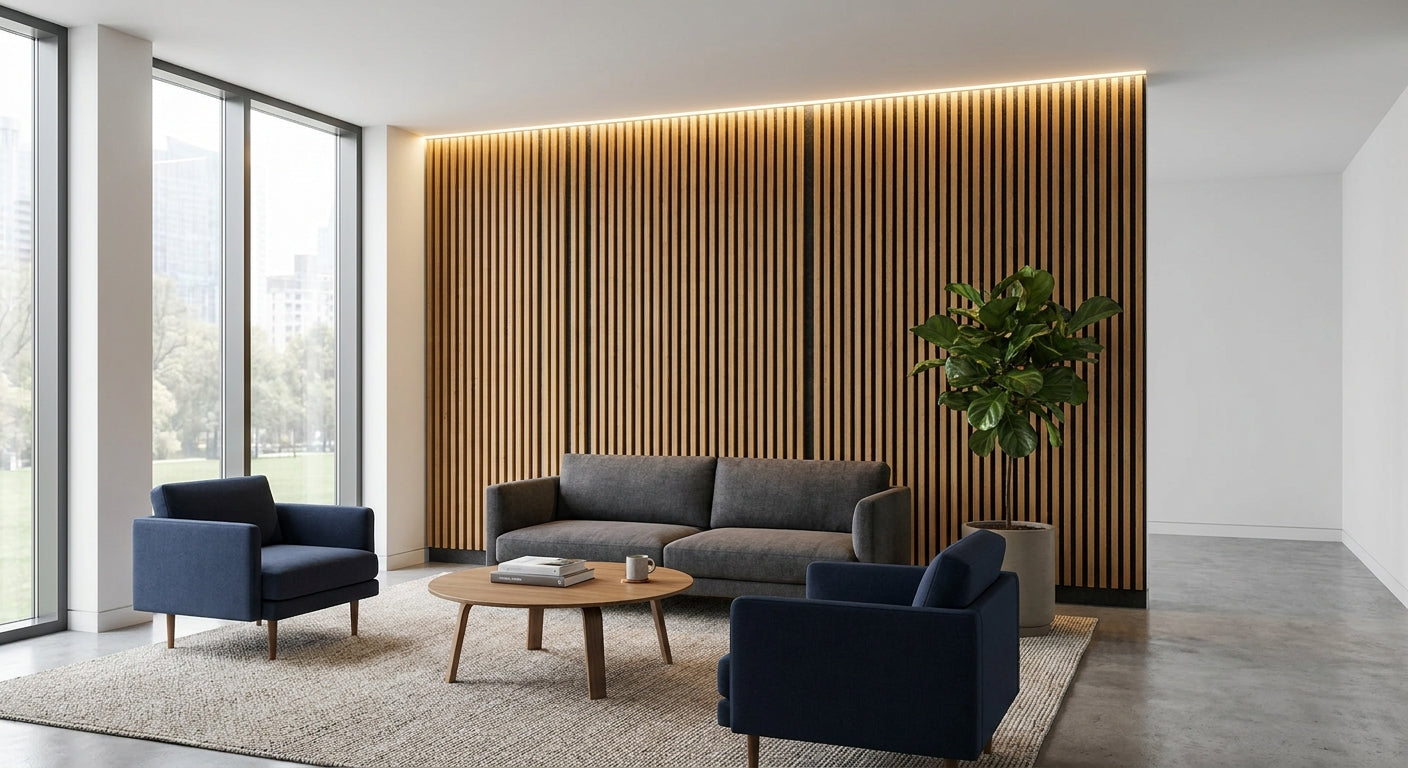 Wood slat panels for commercial office breakout rooms