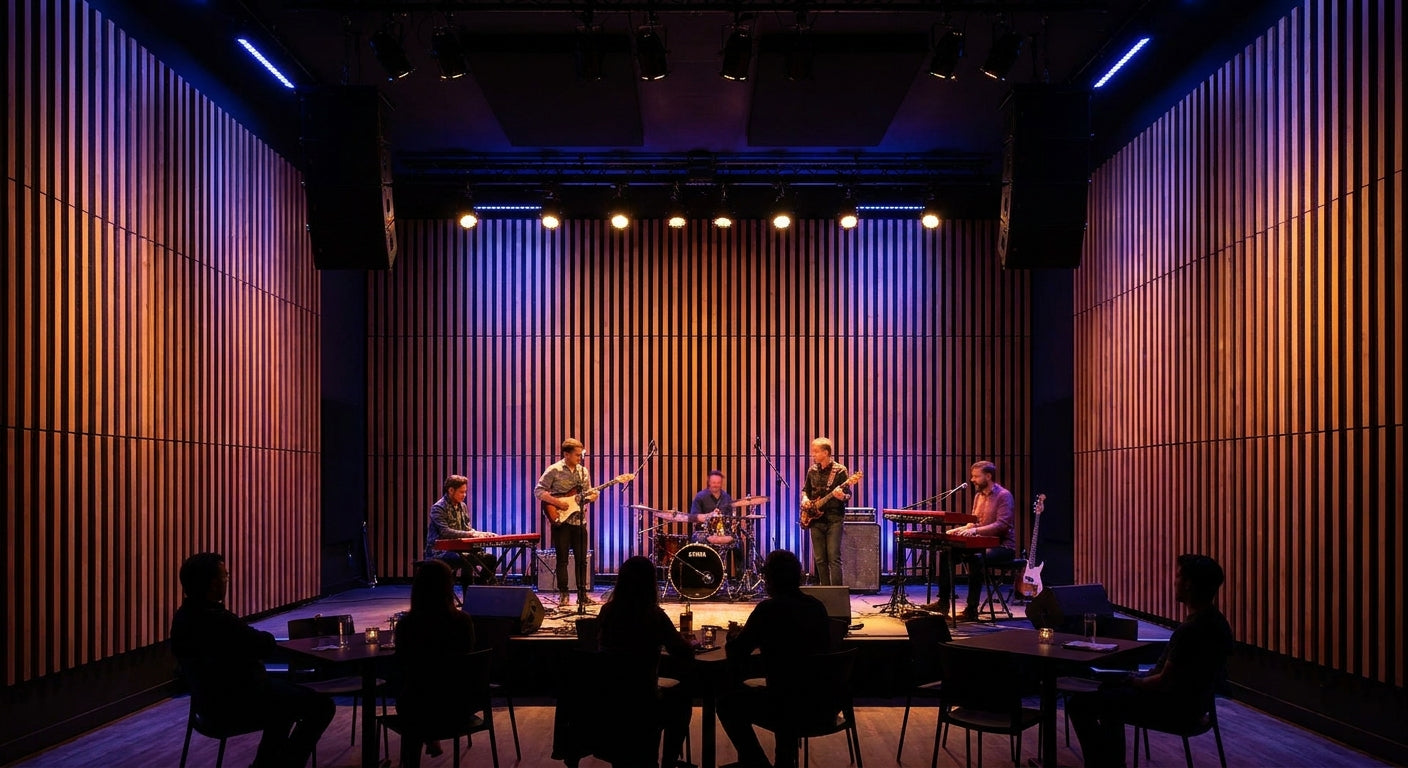 Acoustic slat panels for live music venue wall treatment