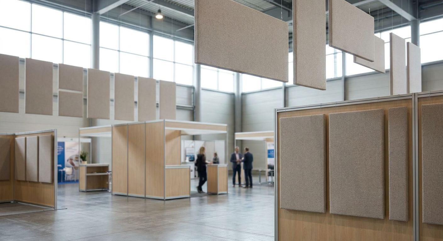 Acoustic panels for convention center exhibit halls
