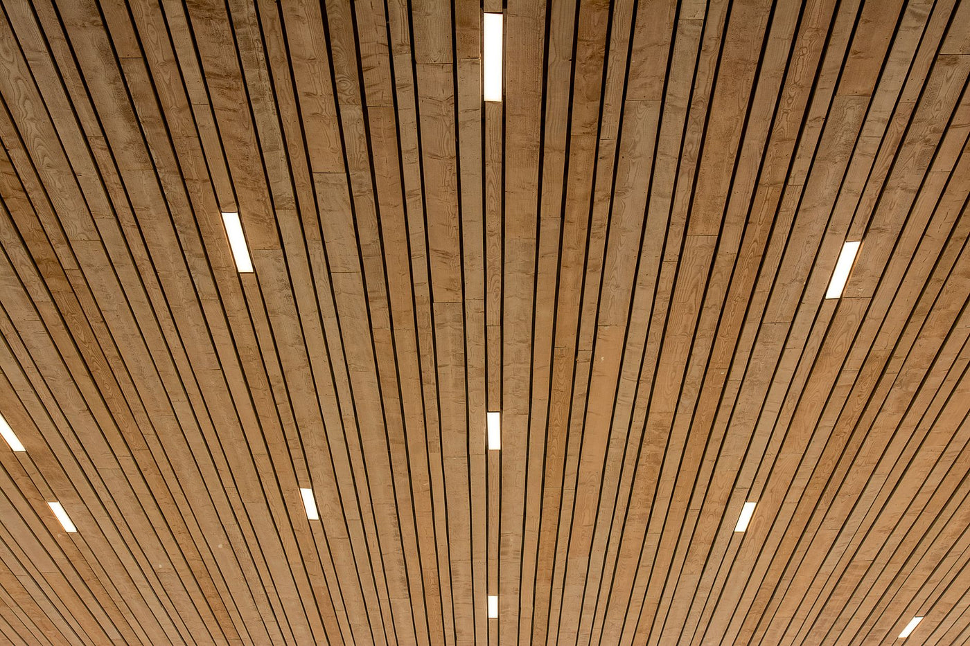 An abstract view of a wooden ceiling featuring linear lights creating a modern design.
