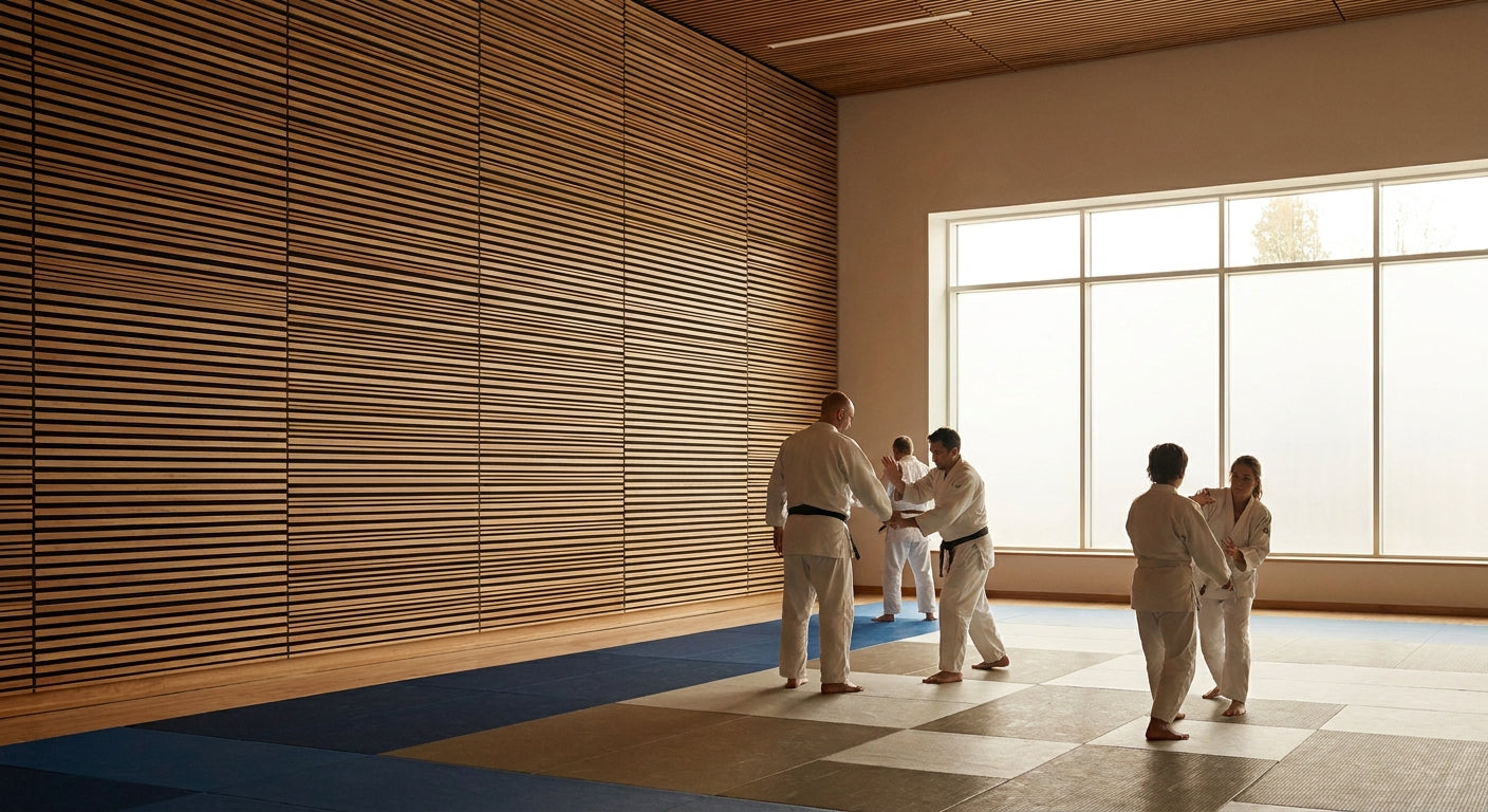 Acoustic slat panels for martial arts dojo interiors