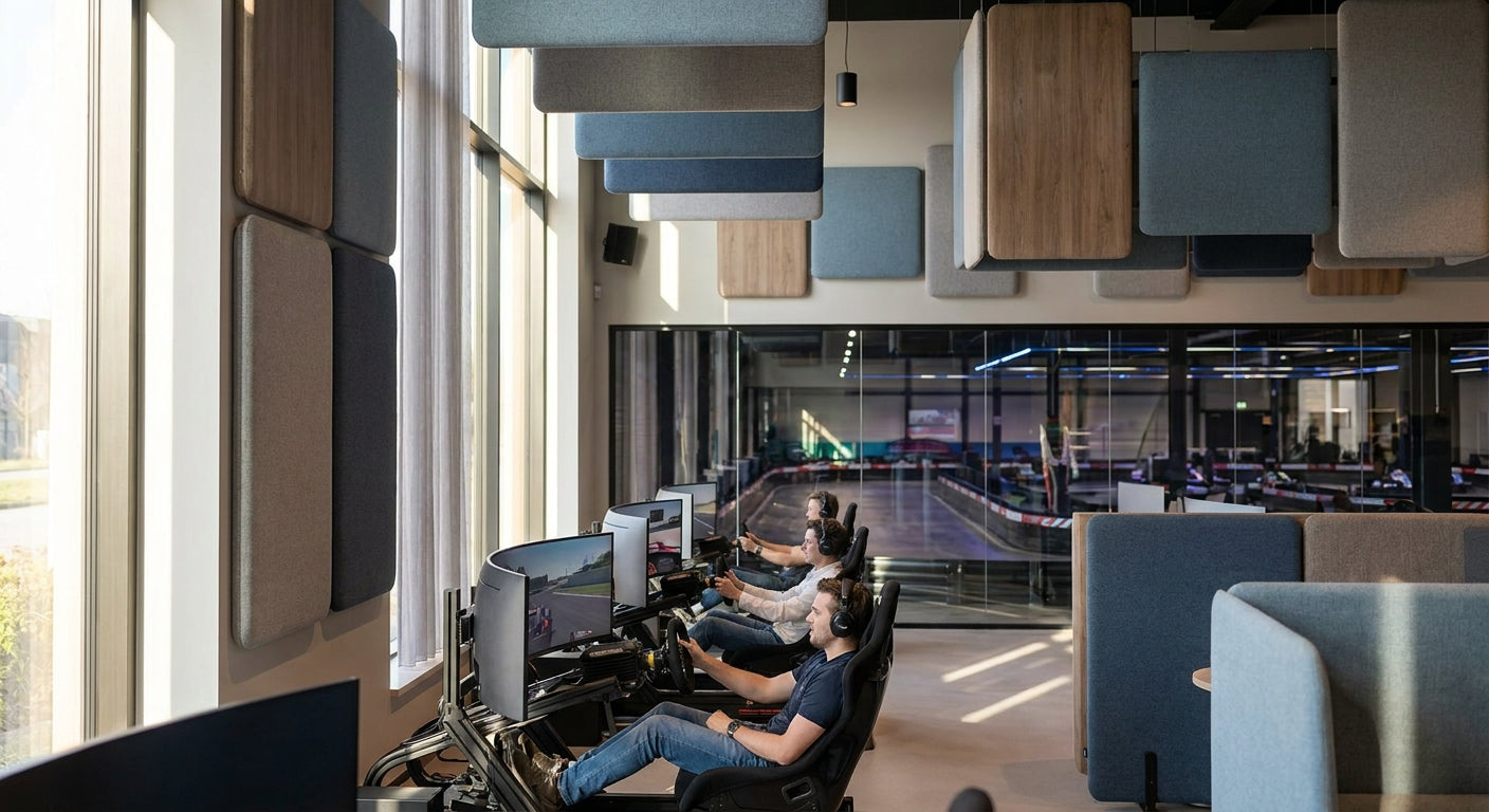 Acoustic panels for indoor go-kart and racing simulator lounges