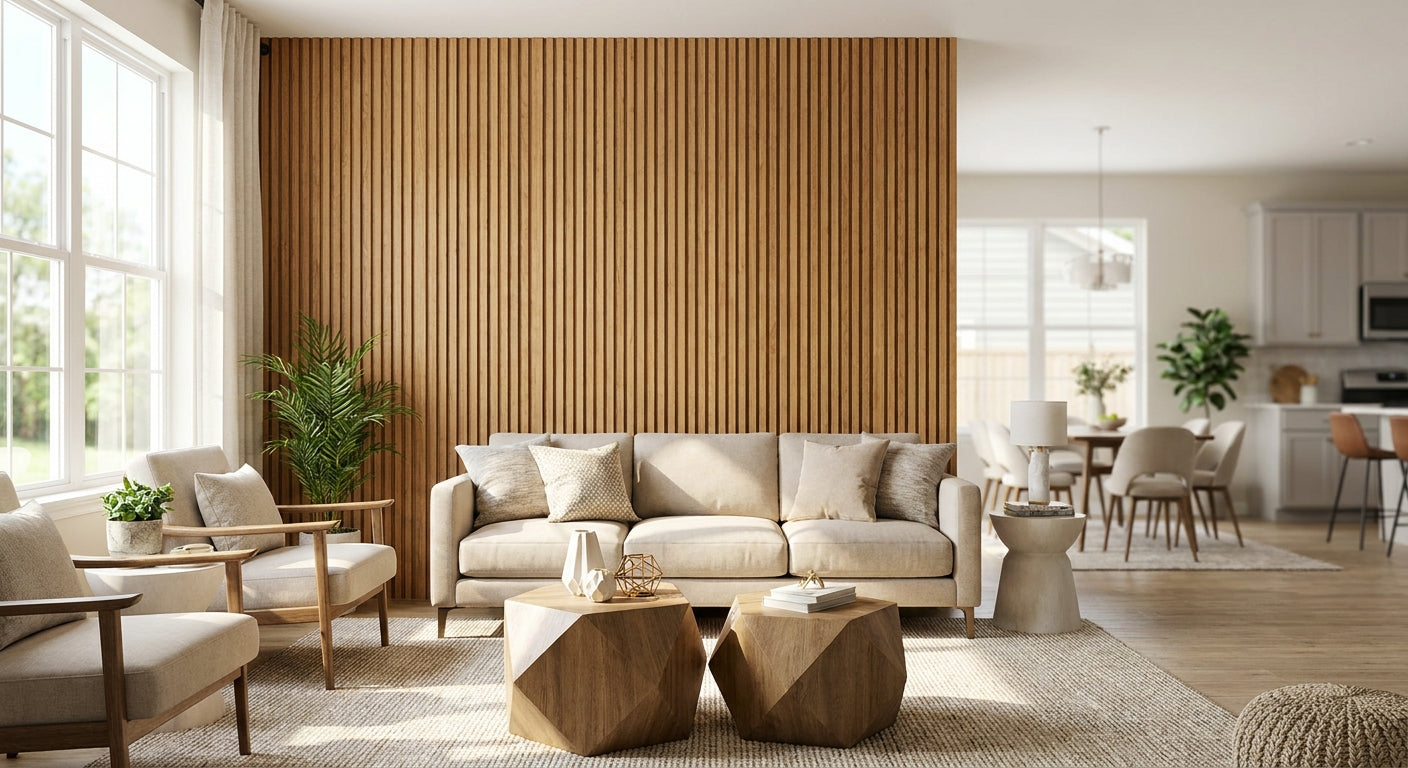 Wood slat panels for real estate model home staging