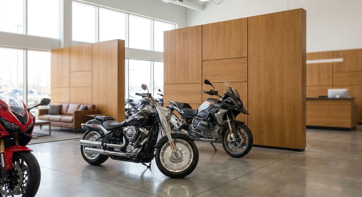 Wood panels for motorcycle dealership showroom interiors
