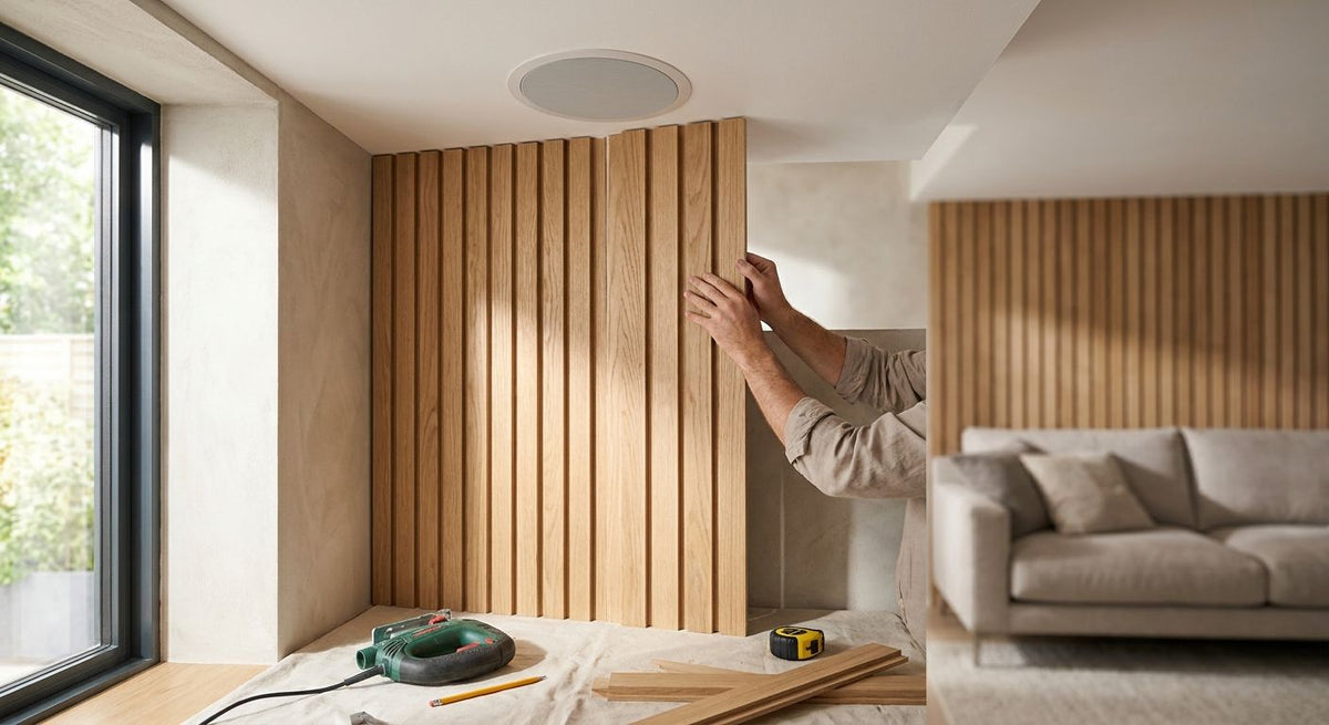 How to install wood wall panels around built-in ceiling speakers
