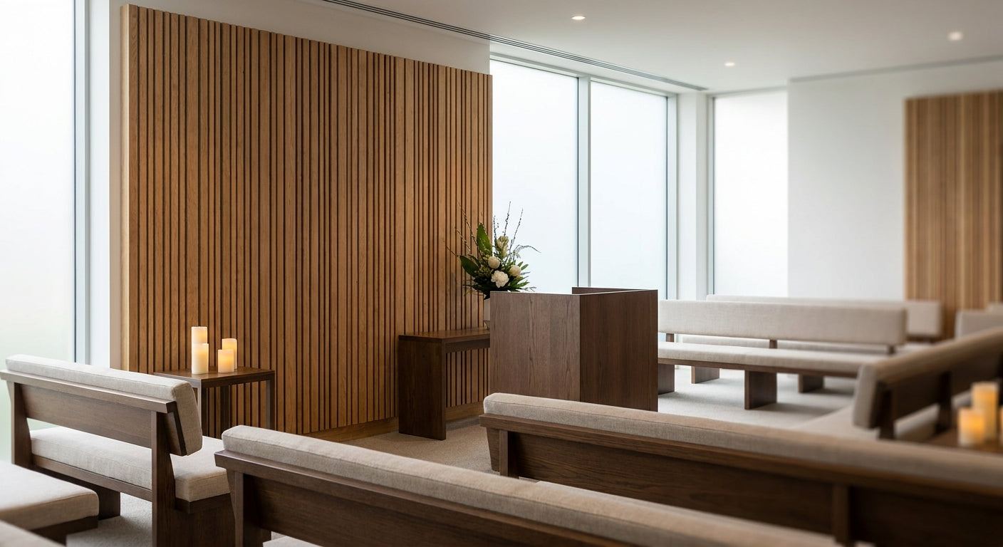 Wood slat panels for funeral home and memorial chapel interiors