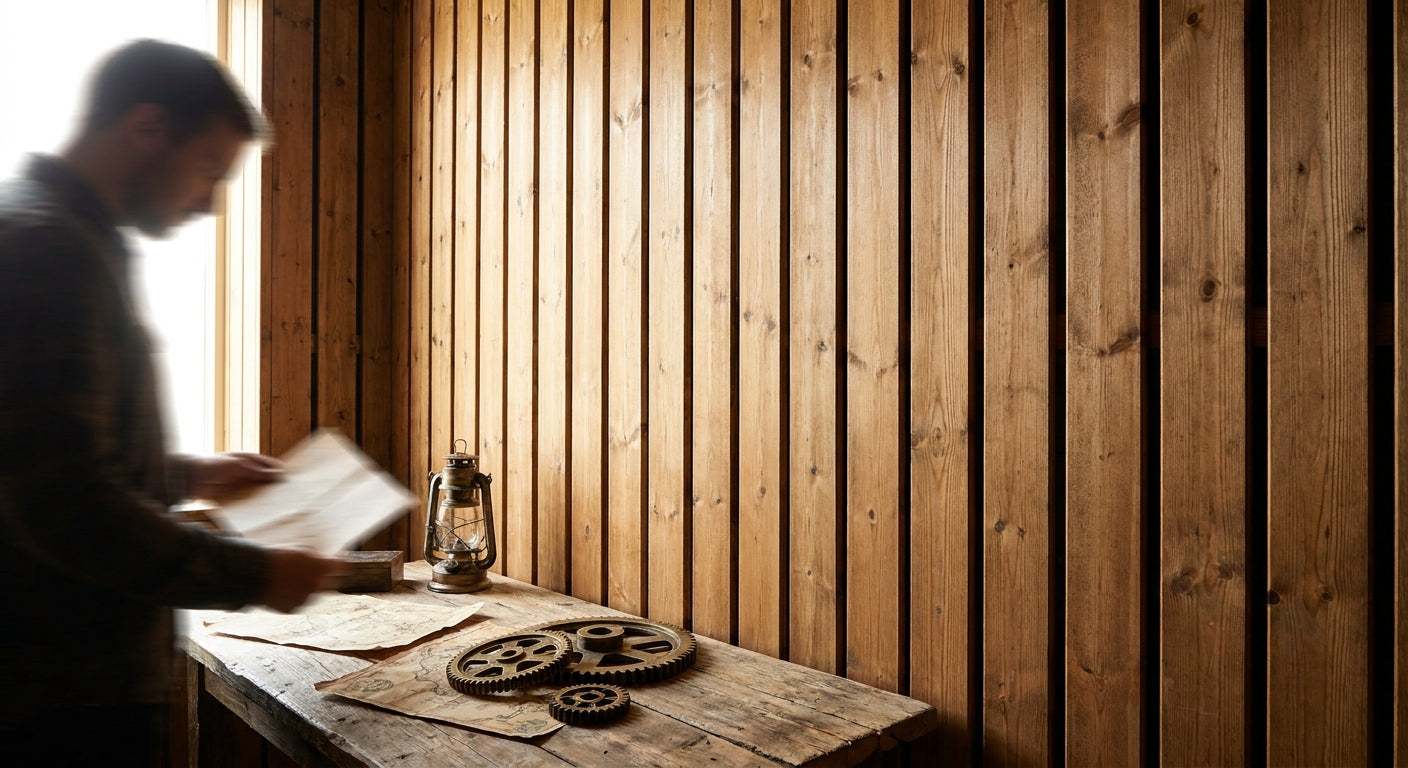 Wood slat panels for escape room interior design