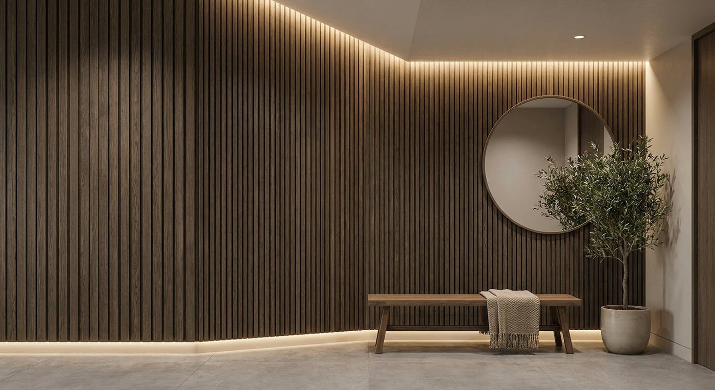 Smoked oak slat panels for hallway accent walls