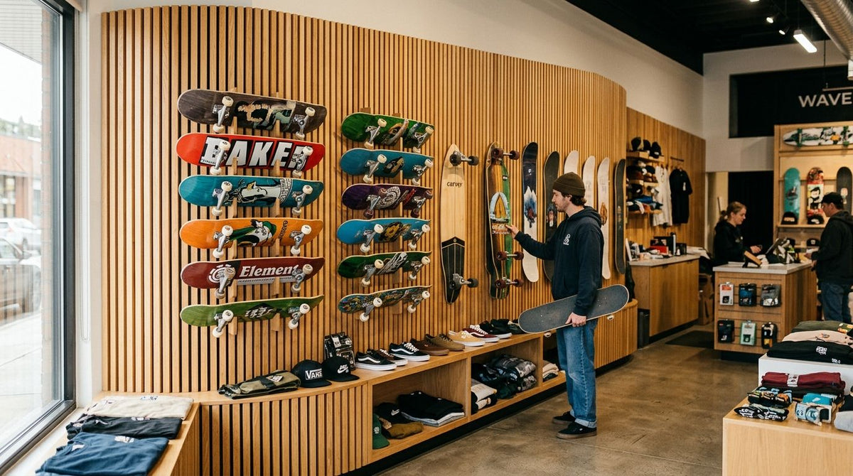 Wood slat panels for board sports and skate shop interiors