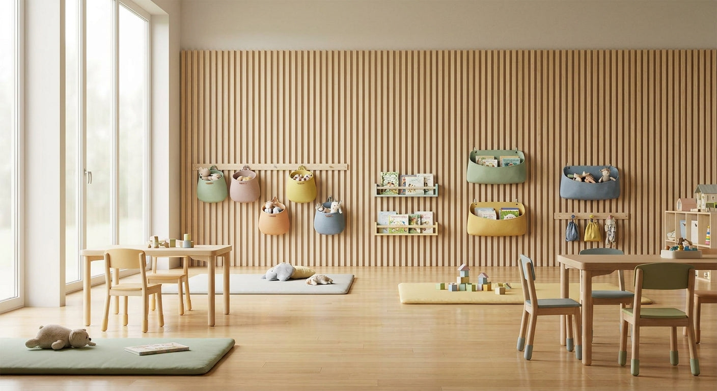Slat wall panels for nursery school and daycare interiors