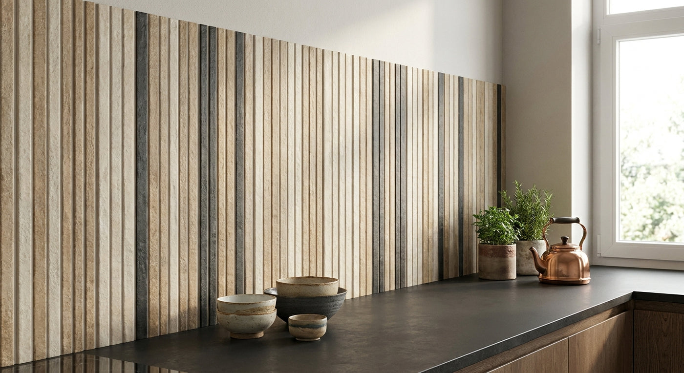 Tile slat panels for kitchen splashback feature walls