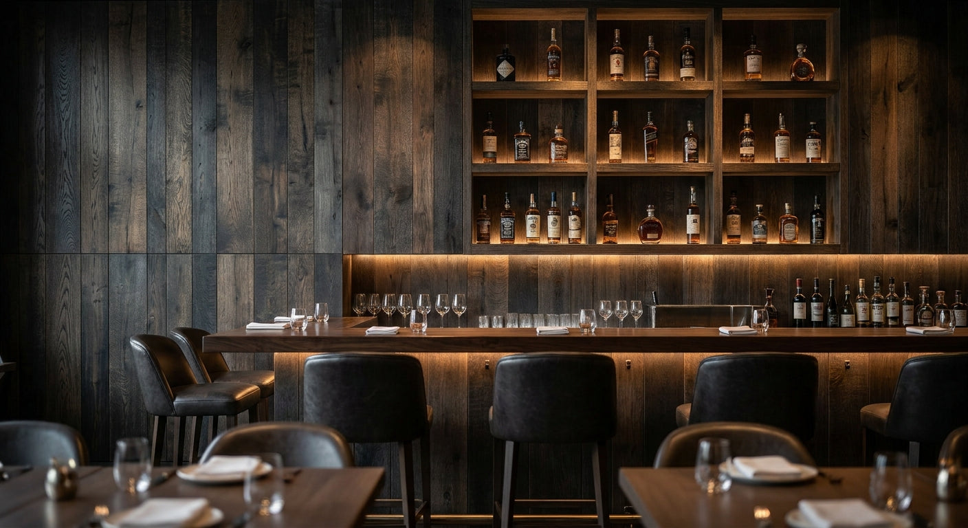 Smoked oak panels for bar and restaurant back wall cladding
