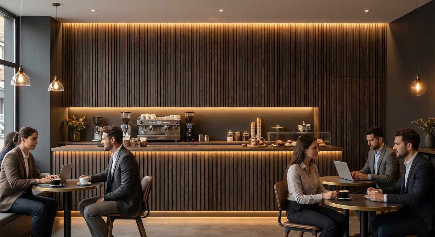 Smoked oak slat panels for commercial coffee shop interiors