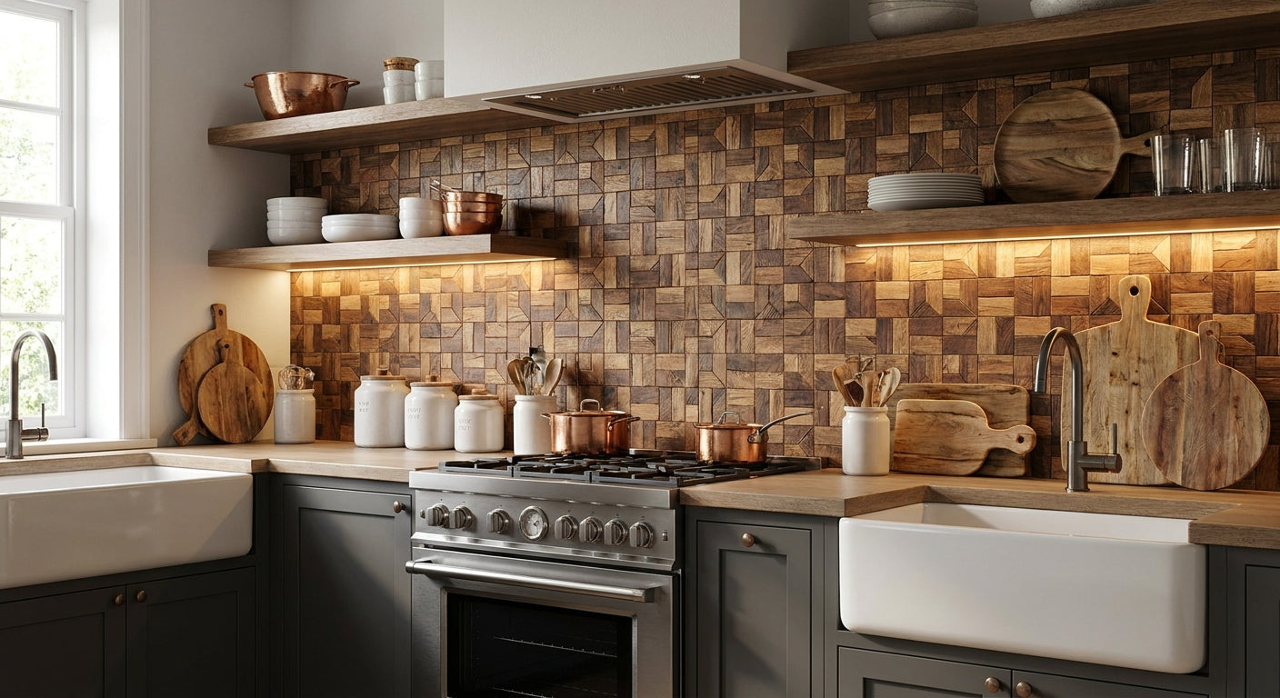 How to use wood mosaic panels as a kitchen backsplash