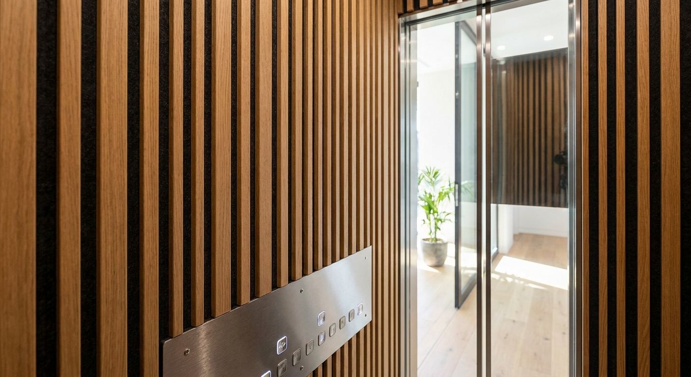 Wood slat panels for home elevator interior cladding