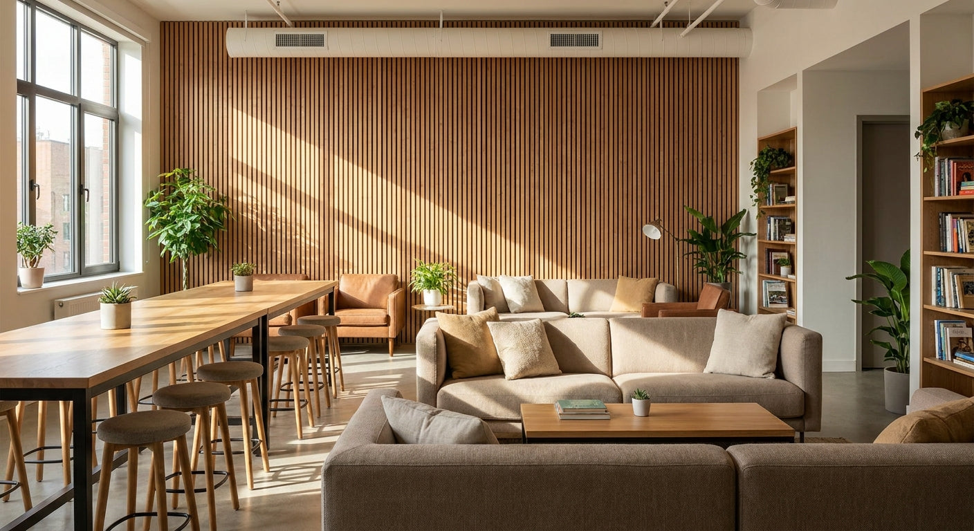 Wood slat panels for co-living space common rooms