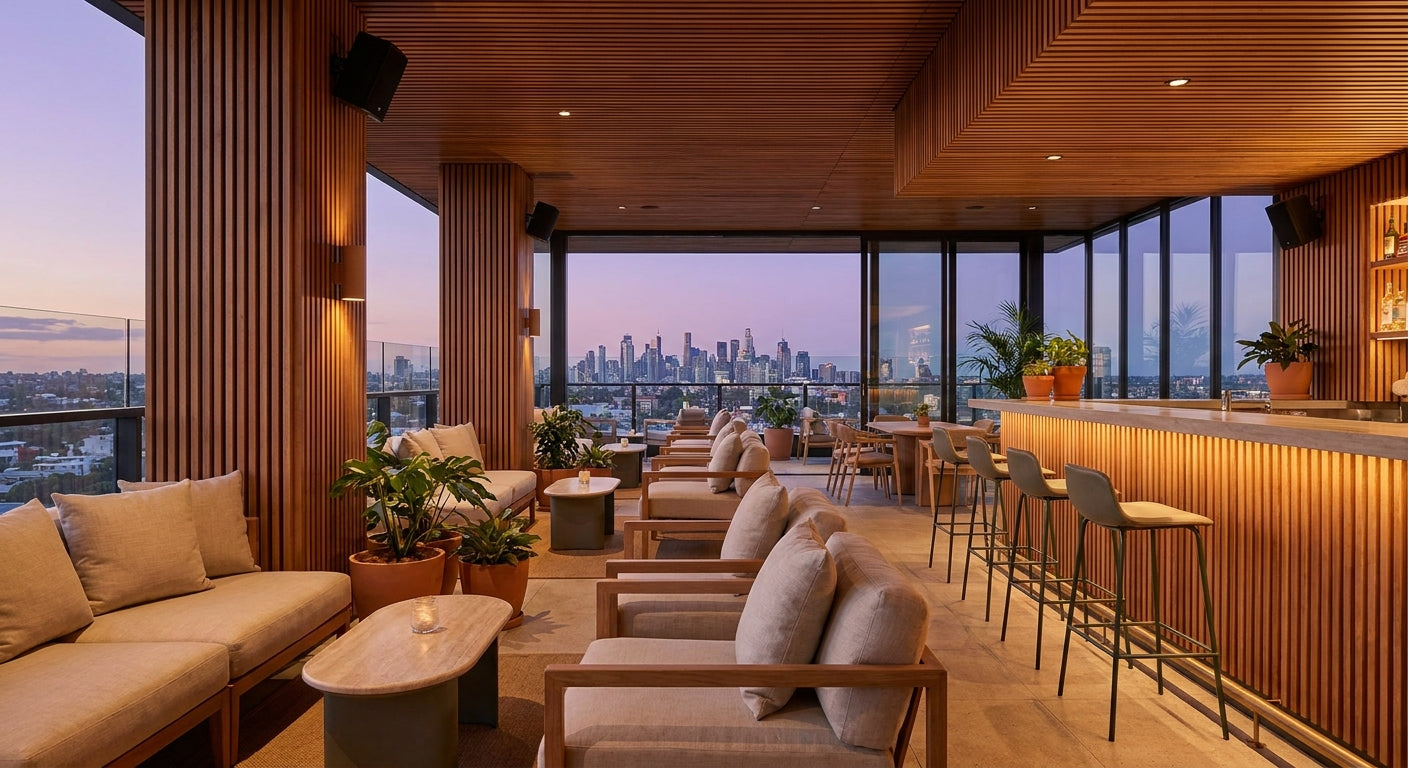 Wood slat panels for rooftop bar interior cladding