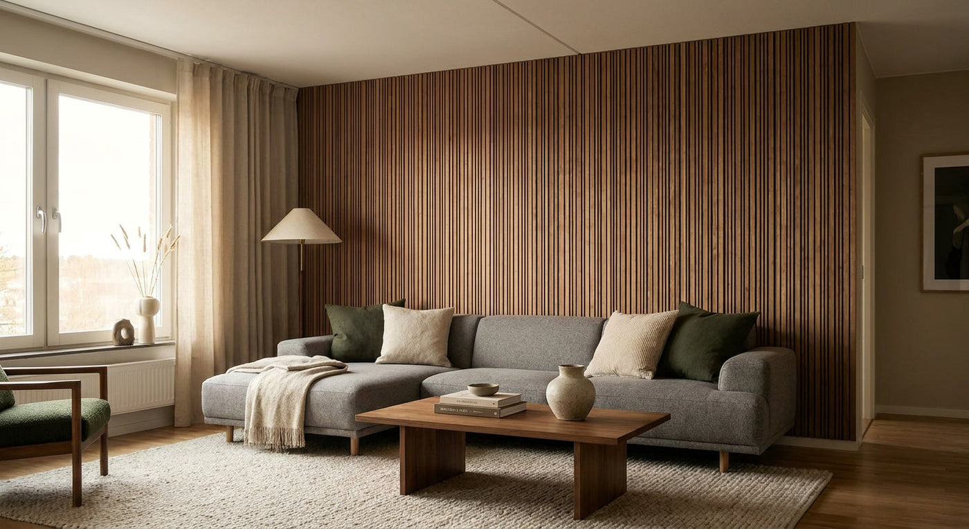 Wood slat acoustic panels for apartment living rooms