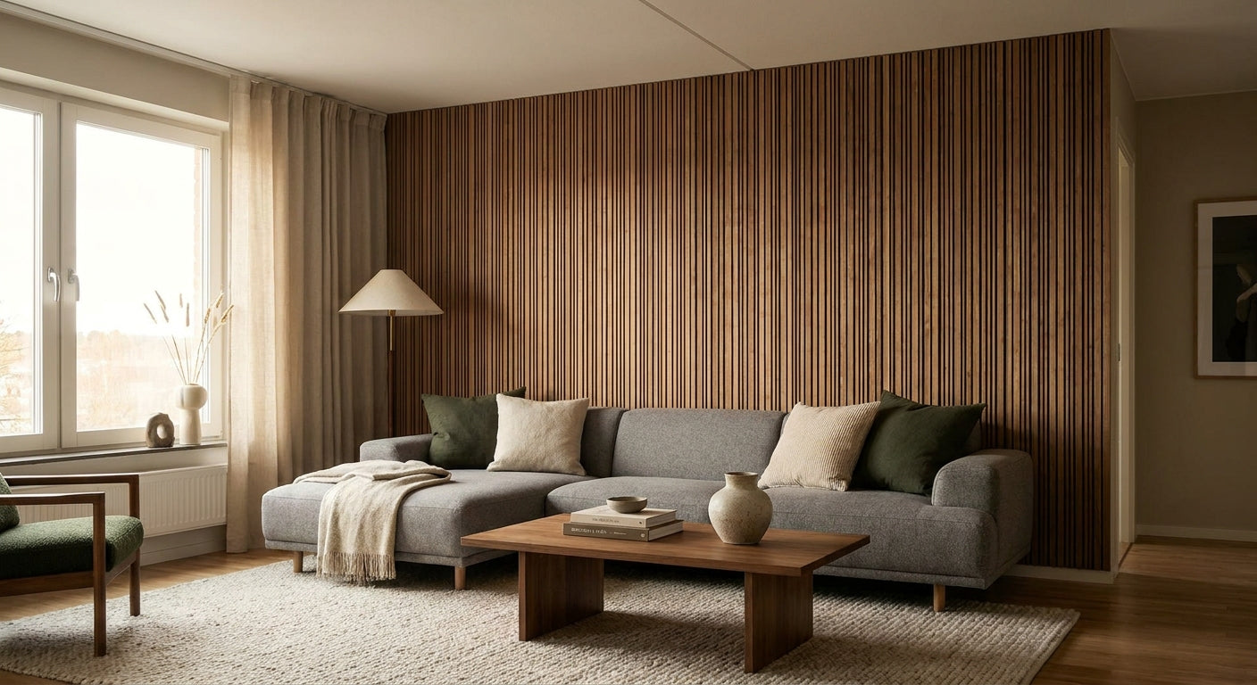 Wood slat acoustic panels for apartment living rooms