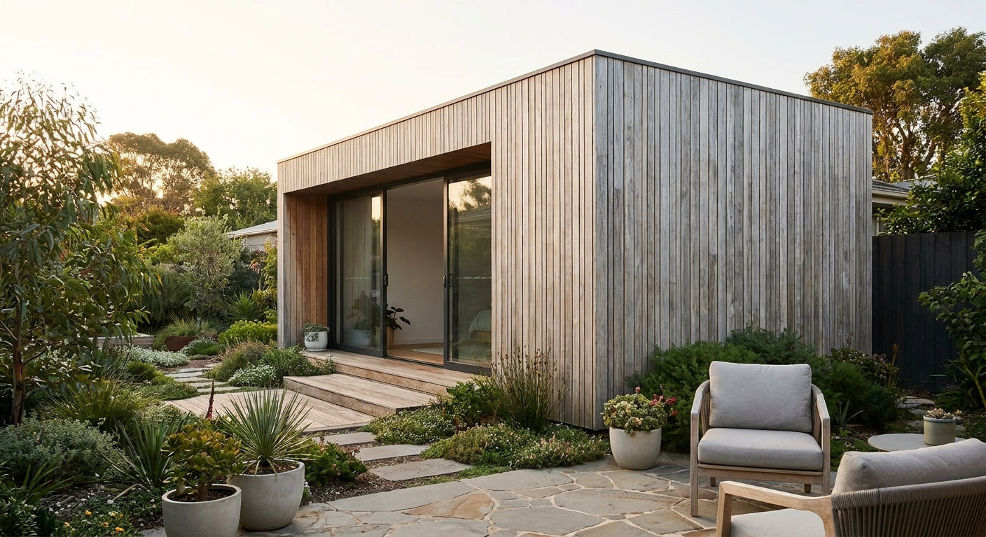 Natural oak exterior cladding for residential garden studios