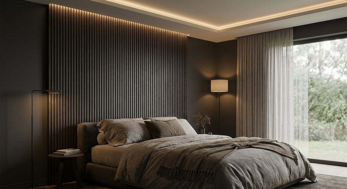 Smoked oak slat panels for master bedroom feature walls