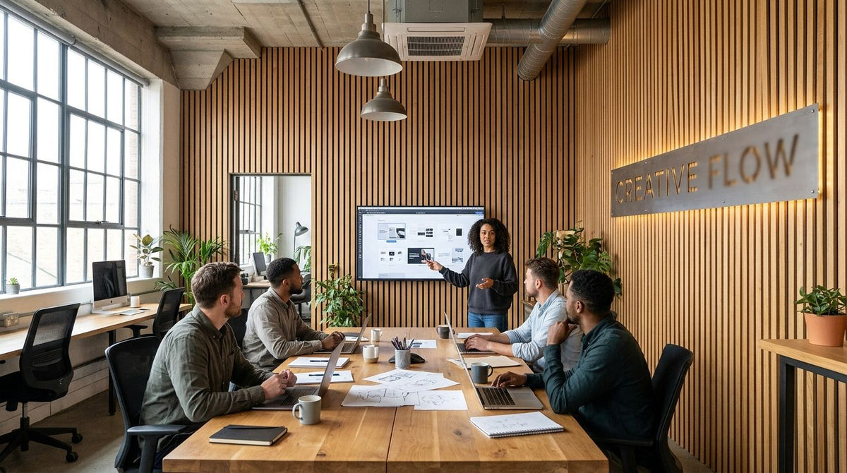 Wood slat panels for creative agency studio interiors