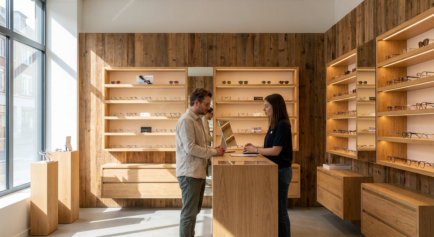 Wood panels for optometry and eyewear boutique interiors