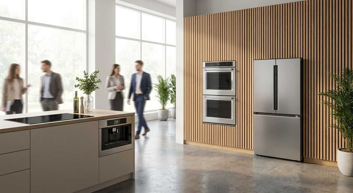Wood slat panels for appliance showroom interiors